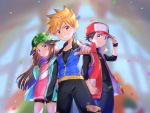  1girl 2boys absurdres blue_(pokemon) blurry blurry_background brown_hair hat highres jacket long_hair looking_at_viewer multiple_boys ookido_shigeru pointing pointing_at_viewer pokemon pokemon_(game) pokemon_masters red_(pokemon) short_shorts shorts smile spiky_hair wristband yuki56 