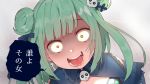  1girl absurdres constricted_pupils double_bun earrings frills green_hair hair_ornament highres hololive jewelry open_mouth ribbon shaded_face skull_earrings skull_hair_ornament solo tonari_no_kai_keruberosu translation_request uruha_rushia virtual_youtuber yandere yellow_eyes 