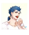  1boy blue_hair casual cu_chulainn_(fate)_(all) eating fang fate/stay_night fate_(series) food fruit guttia lancer long_hair male_focus mouth_hold ponytail red_eyes shirt solo strawberry t-shirt 