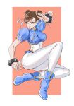  1girl alternate_costume ankle_boots artist_request bangs blue_footwear boots bracelet breasts brown_eyes brown_hair chinese_clothes chun-li closed_mouth commentary_request double_bun fighting_stance fingernails full_body jewelry lips looking_away medium_breasts pantyhose puffy_short_sleeves puffy_sleeves shiny shiny_hair short_sleeves simple_background spiked_bracelet spikes street_fighter tied_hair white_legwear 