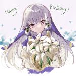  1girl closed_mouth fire_emblem fire_emblem:_three_houses flower hair_ornament happy_birthday highres holding long_hair long_sleeves lysithea_von_ordelia namiharuru pink_eyes simple_background solo upper_body white_hair 