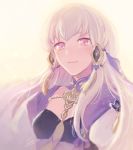  1girl chizu_(fiute) closed_mouth fire_emblem fire_emblem:_three_houses hair_ornament long_hair lysithea_von_ordelia pink_eyes simple_background solo upper_body white_background white_hair 