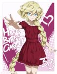  1girl absurdres bare_shoulders blonde_hair blue_eyes blush braid carol_malus_dienheim chuunioniika dated dress happy_birthday highres long_hair looking_at_viewer mole mole_under_eye outstretched_arm parted_lips red_dress senki_zesshou_symphogear shiny shiny_hair shiny_skin smile solo standing 