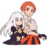  2girls arm_hug artist_name closed_mouth commentary_request do_m_kaeru fire_emblem fire_emblem:_three_houses garreg_mach_monastery_uniform gloves leonie_pinelli long_hair long_sleeves lysithea_von_ordelia multiple_girls open_mouth orange_eyes orange_hair pink_eyes short_hair simple_background uniform upper_body white_background white_hair 