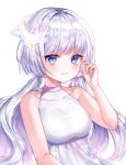  1girl :3 absurdres bangs bare_shoulders blue_eyes blush breasts collarbone commentary_request crescent crescent_hair_ornament dress hair_ornament highres looking_at_viewer maplestory medium_breasts silver_hair simple_background smile solo twintails white_background white_dress yam_(dr_yammy) 