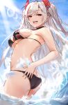  1girl ass azur_lane bikini bow breasts hair_bow highres iron_cross large_breasts liaowen long_hair looking_at_viewer mole mole_on_breast ocean open_mouth prinz_eugen_(azur_lane) prinz_eugen_(unfading_smile)_(azur_lane) red_eyes silver_hair simple_background smile solo swimsuit water 