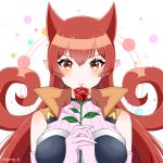  1girl azazel_ameri blush breasts commentary_request elbow_gloves flower gloves hair_between_eyes holding holding_flower horns large_breasts long_hair looking_at_viewer mairimashita!_iruma-kun pointy_ears red_eyes red_flower red_rose redhead rose sleeveless solo tibi09 upper_body very_long_hair 