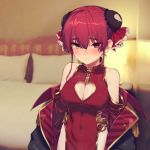  1girl alternate_costume bare_shoulders bed blurry blurry_background blush breasts bun_cover china_dress chinese_clothes cleavage_cutout commentary_request covered_navel double_bun dress eyebrows_visible_through_hair heart_cutout heterochromia highres hololive houshou_marine large_breasts looking_at_viewer off-shoulder_coat off_shoulder oshiruko_(oshiruco_212048) red_dress red_eyes redhead smile solo upper_body virtual_youtuber yellow_eyes 