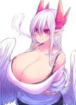  1girl arms_under_breasts breasts demon_girl feathered_wings highres horns huge_breasts juugoya_(zyugoya) long_hair lorem_(musuko_ga_kawaikute_shikatanai_mazoku_no_hahaoya) mature musuko_ga_kawaikute_shikatanai_mazoku_no_hahaoya red_eyes red_horns white_background white_hair white_tail white_wings wings 