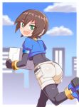  1girl aile blush bodystocking bracelet brown_hair clouds cougar1404 green_eyes hair_between_eyes jewelry looking_at_viewer looking_back open_mouth puffy_short_sleeves puffy_sleeves robot_ears rockman rockman_zx short_hair short_sleeves shorts sky smile solo white_shorts 