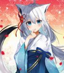  1girl ahoge animal_ears bangs blue_bow blue_hakama blue_kimono blush bow braid commentary_request ear_piercing eyebrows_visible_through_hair finger_to_mouth flower fox_ears fox_girl fox_tail gradient_kimono hair_between_eyes hair_flower hair_ornament hair_ribbon hakama hololive japanese_clothes kimono long_hair looking_at_viewer natsuki_(ukiwakudasai) parted_lips petals piercing red_flower red_ribbon ribbon shirakami_fubuki side_braid silver_hair solo tail upper_body very_long_hair virtual_youtuber white_kimono 