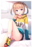  1girl :d absurdres arm_support ass bed_sheet brown_hair clothes_writing drawstring highres holding_lollipop hood hood_down hoodie hoodie_dress knee_up long_hair long_sleeves looking_at_viewer nail_polish nijihashi_sora open_mouth original panties pillow pink_nails scan shoes sitting smile sneakers socks solo thighs twintails underwear violet_eyes white_legwear white_panties 
