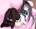  1girl absurdres ass azur_lane black_gloves black_hair blush breasts couch eyebrows_visible_through_hair feet game_console gloves hat highres large_breasts long_hair long_sleeves looking_at_viewer lying nintendo_switch on_back on_couch open_mouth pamiat_merkuria_(azur_lane) skindentation smile solo thigh-highs thigh_strap ushimittsu violet_eyes 