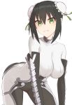  1girl bangs black_hair bodysuit breasts bun_cover collarbone commentary_request double_bun elfenlied22 eyebrows_visible_through_hair fate/grand_order fate_(series) gloves green_eyes highres looking_at_viewer qin_liangyu_(fate) sidelocks simple_background smile solo white_background 