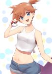  1girl alternate_costume bangs bare_arms bare_shoulders blue_eyes blush breasts collarbone commentary_request eyebrows_visible_through_hair highres holding holding_poke_ball jampen kasumi_(pokemon) looking_at_viewer open_mouth orange_hair poke_ball pokemon shirt short_hair shorts side_ponytail smile solo upper_teeth white_shirt 