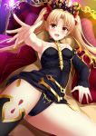  1girl armpits asymmetrical_legwear asymmetrical_sleeves bangs bare_shoulders between_breasts black_legwear black_leotard blonde_hair blush breasts cape chair detached_collar earrings ereshkigal_(fate/grand_order) fate/grand_order fate_(series) gold_trim highleg highleg_leotard highres hoop_earrings infinity jewelry leotard long_hair long_sleeves looking_at_viewer medium_breasts multicolored multicolored_cape multicolored_clothes necklace open_mouth outstretched_arm parted_bangs red_cape red_eyes shibata_rai single_sleeve single_thighhigh sitting skull smile solo spine thigh-highs thighs tiara two_side_up yellow_cape 