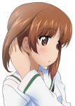  1girl :o bangs blush brown_eyes brown_hair eyebrows_visible_through_hair girls_und_panzer hair_tucking kanau long_sleeves medium_hair nishizumi_miho ooarai_school_uniform parted_bangs school_uniform serafuku shiny shiny_hair simple_background solo upper_body white_background 