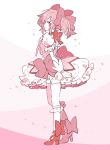  1girl ankle_ribbon arm_at_side breasts bubble_skirt choker eyebrows_visible_through_hair floating_hair frilled_legwear frilled_skirt frilled_sleeves frills full_body gloves gradient gradient_background hair_ribbon hand_on_own_chest happy kaname_madoka looking_back magical_girl mahou_shoujo_madoka_magica pink_background pink_eyes pink_ribbon pink_theme pipi_o_(pipioo08) profile puffy_short_sleeves puffy_sleeves red_footwear red_ribbon ribbon ribbon_choker shiny shiny_hair short_sleeves short_twintails sideboob sidelocks simple_background skirt small_breasts smile socks solo sparkle sparkle_background standing twintails white_background white_gloves white_legwear white_skirt 