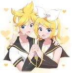  1boy 1girl bangs bare_shoulders bass_clef black_collar black_sleeves blonde_hair blue_eyes bow collar commentary crop_top detached_sleeves fang hair_bow hair_ornament hairclip hand_on_another&#039;s_shoulder headphones headset heart heart_background highres holding_hands kagamine_len kagamine_rin looking_at_viewer nail_polish open_mouth sailor_collar school_uniform shirt short_hair short_ponytail short_sleeves sleeveless sleeveless_shirt smile spiky_hair supo01 swept_bangs treble_clef upper_body v vocaloid white_bow white_shirt yellow_nails 