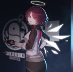  1girl arknights blurry commentary_request depth_of_field energy_wings exusiai_(arknights) eyes_visible_through_hair fingerless_gloves gloves hair_over_one_eye hand_on_hip highres id_card jacket lariat_scr looking_back red_eyes redhead short_hair skirt solo 