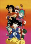  1girl 5boys :d aqua_hair artist_request bald bare_legs beard black_eyes black_hair blue_eyes braid brown_gloves bulma clenched_hand closed_mouth collarbone crossed_arms dougi dragon_ball dragon_ball_(classic) dress eyebrows_visible_through_hair eyelashes facial_hair fingernails flying_nimbus full_body gloves gradient gradient_background hair_ribbon hand_on_hip hands_on_hips happy hat head_tilt highres holding holding_staff holding_weapon key_visual legs_apart looking_at_viewer looking_away military military_hat military_uniform multicolored multicolored_background multiple_boys muscle mustache muten_roushi neckerchief nyoibo official_art oolong open_mouth orange_background orange_neckwear orange_pants pink_background pink_dress puar purple_neckwear purple_scarf red-framed_eyewear red_background red_ribbon ribbon scarf short_dress simple_background single_braid smile son_gokuu spiky_hair staff standing sunglasses teeth thick_eyebrows tongue uniform weapon wristband yamcha 