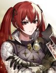  1girl blush closed_mouth crossed_arms delsaber fire_emblem fire_emblem_fates gloves hair_between_eyes hair_ribbon leather leather_gloves light_particles lips long_hair long_sleeves looking_at_viewer red_eyes redhead ribbon selena_(fire_emblem_fates) shirt shoulder_armor solo straight_hair twintails upper_body vest 