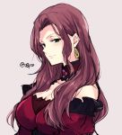  1girl brown_hair closed_mouth dorothea_arnault earrings fire_emblem fire_emblem:_three_houses green_eyes jewelry long_hair naho_(pi988y) simple_background smile solo twitter_username upper_body 