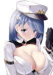  1girl azur_lane black_gloves blue_eyes blue_hair blush breasts chapayev_(azur_lane) eyebrows_visible_through_hair gloves hair_ornament hairclip hat highres jacket large_breasts looking_at_viewer military_hat mole mole_on_breast peaked_cap schreibe_shura short_hair simple_background solo white_background white_headwear white_jacket 