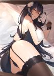 1girl ass azuma_(azur_lane) azuma_(soft_voice_of_spring)_(azur_lane) azur_lane bangs bare_shoulders black_gloves black_hair black_legwear black_panties blush breasts chichikoucha china_dress chinese_clothes dress eyebrows_visible_through_hair flower garter_straps gloves hair_between_eyes hair_flower hair_ornament hairclip highres large_breasts long_hair looking_at_viewer lying on_side open_mouth panties shoulder_tattoo solo tattoo thigh-highs thighs underwear very_long_hair white_flower yellow_eyes 