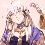  1girl candy closed_mouth fire_emblem fire_emblem:_three_houses food hair_ornament holding long_hair long_sleeves lowres lysithea_von_ordelia pink_background pink_eyes simple_background solo sooon103 upper_body white_hair 
