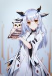  animal_ears arknights bird buckle chromatic_aberration closed_mouth dress eyebrows_visible_through_hair highres l_ii long_hair looking_at_viewer owl owl_ears ptilopsis_(arknights) silver_hair standing white_dress yellow_eyes 