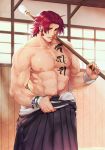  1boy abs bare_chest hakama hand_on_hip japanese_clothes kunyu long_hair male_focus muscle ponytail purple_hair red_eyes seductive_smile sideburns smile solo sweat tattoo tonbokiri_(touken_ranbu) touken_ranbu 