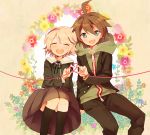  2boys ahoge black_legwear blazer brown_hair closed_eyes crossdressinging dangan_ronpa dangan_ronpa_1 fujisaki_chihiro green_eyes hair_between_eyes heart heart_hands heart_hands_duo heart_of_string hood hoodie jacket kneehighs kotatsu_neneko male_focus multiple_boys naegi_makoto otoko_no_ko red_string school_uniform short_hair sitting skirt smile string string_around_finger 