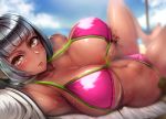  1girl bangs bare_legs beach bikini black_hair blush breasts clouds commentary_request commission dark_skin grabbing_own_breast highres large_breasts looking_at_viewer navel nohito original pink_bikini short_hair sky solo swimsuit yellow_eyes 
