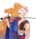  1boy blue_kimono fate/grand_order fate_(series) genderswap genderswap_(ftm) guttia hadanugi_dousa hair_ribbon japanese_clothes katana kimono lowres male_focus miyamoto_musashi_(fate/grand_order) pink_hair ponytail ribbon sarashi solo sword upper_body weapon 