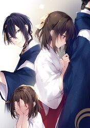  1boy 1girl bangs black_hair blue_eyes blush bow brown_hair covering_face emori_miku_project eyebrows_visible_through_hair female_saniwa_(touken_ranbu) full-face_blush grey_eyes hair_between_eyes hair_bow highres japanese_clothes kariginu kimono long_sleeves mikazuki_munechika miko mochizuki_shiina multiple_views parted_lips ponytail profile saniwa_(touken_ranbu) sayagata short_sleeves white_kimono wide_sleeves yellow_bow 