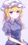  1girl bangs blonde_hair blush breasts commentary eyebrows_visible_through_hair frilled_shirt_collar frills hat highres kisamu_(ksmz) long_hair looking_at_viewer maribel_hearn mob_cap own_hands_together puffy_short_sleeves puffy_sleeves purple_background purple_shirt purple_skirt shirt short_sleeves simple_background skirt small_breasts smile solo touhou upper_body violet_eyes white_headwear 