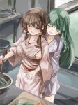  2girls blush bowl breast_grab brown_eyes brown_hair cabbage carrot closed_eyes cutting_board grabbing green_hair hair_ornament hair_tubes hakurei_reimu hand_under_clothes highres hug hug_from_behind kitchen kochiya_sanae multiple_girls no_headwear open_mouth short_hair_with_long_locks smile snake_hair_ornament touhou yohane yuri 