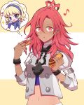  2girls blonde_hair blue_eyes blue_hairband closed_mouth constance_von_nuvelle dark_skin eating fan fire_emblem fire_emblem:_three_houses food food_on_face garreg_mach_monastery_uniform hairband hapi_(fire_emblem) holding midriff motiumai multicolored_hair multiple_girls musical_note open_mouth purple_hair red_eyes redhead short_hair simple_background uniform upper_body 