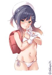  1girl backpack bag bare_arms bikini blush closed_mouth collarbone cowboy_shot cropped_legs ebifurya eyebrows_visible_through_hair gloves gradient_hair groin hat highres kantai_collection long_hair looking_at_viewer multicolored_hair naughty_face navel purple_hair randoseru sailor_hat sexually_suggestive side-tie_bikini sidelocks simple_background solo swimsuit tsushima_(kantai_collection) twitter_username white_background white_bikini white_gloves white_headwear yellow_eyes 