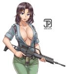  1girl 2020 aoshidan_school_uniform artist_name assault_rifle blue_eyes breast_pocket breasts breasts_apart brown_hair dated el_(girls_und_panzer) girls_und_panzer green_pants gun h&amp;k_g36 highres jpc large_breasts no_bra open_clothes open_mouth open_shirt pants pocket rifle school_uniform short_hair sleeves_rolled_up sling solo thigh_gap weapon white_background 