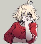  1girl :t ahoge bags_under_eyes blonde_hair bored borrowed_character breasts chin_rest choker chris_(babo) commentary english_commentary expressionless lowres nairda original red_sweater short_hair solo sweater upper_body yellow_eyes 