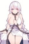  1girl avrora_(azur_lane) avrora_(shackled_saule)_(azur_lane) azur_lane bangs bare_shoulders blue_eyes breasts chain closed_mouth collarbone commentary_request cuffs dress dungeon highres holding_chain large_breasts long_hair looking_at_viewer shackles silver_hair sitting siu_(siu0207) smile thighs torn_clothes torn_dress very_long_hair white_dress 