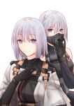  2girls absurdres ak-15_(girls_frontline) black_gloves bodysuit girls_frontline gloves hair_ornament highres leonardo_566 long_hair looking_at_viewer military military_uniform multiple_girls open_mouth rpk-16_(girls_frontline) short_hair silver_hair smile uniform violet_eyes white_background 