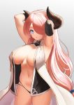  1girl armpits arms_up black_panties blue_eyes breasts commentary_request elbow_gloves gloves granblue_fantasy grey_background hair_over_one_eye hands_in_hair horns large_breasts long_hair narmaya_(granblue_fantasy) navel panties pink_hair simple_background skindentation solo thighs underwear vanety 