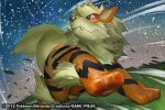  2015 arcanine commentary creature dog_focus english_commentary fangs full_body gen_1_pokemon match_(idleslumber) multiple_sources no_humans official_art pokemon pokemon_(creature) running solo watermark 