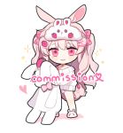  1girl animal_ear_fluff animal_ears animal_slippers bare_shoulders blush bow bunny_slippers chibi closed_mouth colored_shadow commission food_print full_body hair_bow hair_ornament heart long_hair moffle_(ayabi) off_shoulder original panties pink_bow pink_eyes pink_hair pink_panties print_bow print_panties rabbit_ears shadow slippers smile solo standing strawberry_panties strawberry_print stuffed_animal stuffed_bunny stuffed_toy sweater two_side_up underwear very_long_hair white_background white_footwear white_sweater x_hair_ornament 