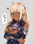  1girl bare_shoulders blonde_hair blue_eyes blush braid breasts brll chest_jewel copyright_request dark_skin feathers grey_background hair_feathers heterochromia holding_arm large_breasts looking_at_viewer parted_lips pink_eyes simple_background solo sweat torn_clothes upper_body 