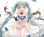  1girl :d aqua_eyes aqua_hair bare_shoulders blue_flower bouquet bow bowtie breasts dress elbow_gloves flower gloves hatsune_miku highres holding long_hair looking_at_viewer medium_breasts miku_symphony_(vocaloid) open_mouth petals pleated_dress r_o_ha sleeveless sleeveless_dress smile solo thigh-highs twintails very_long_hair vocaloid white_dress white_gloves white_legwear zettai_ryouiki 