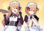  2girls ;d alternate_costume apron bare_shoulders black_dress blancpig_yryr blue_eyes blush brown_hair crossed_arms detached_sleeves dress enmaided hair_between_eyes hands_up highres holding holding_tray long_hair looking_at_viewer maid maid_headdress medium_hair multiple_girls neptune_(series) one_eye_closed open_mouth parted_lips puffy_short_sleeves puffy_sleeves ram_(neptune_series) rom_(neptune_series) short_sleeves siblings sisters smile tray twins upper_body very_long_hair waist_apron white_apron 